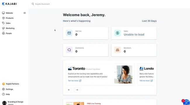 Kajabi's interface with a dashboard showcasing opt-ins, sales and a sidebar with the software's features.